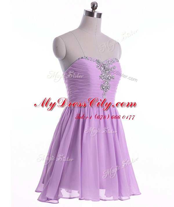 Sleeveless Organza Mini Length Lace Up Prom Party Dress in Lavender with Beading