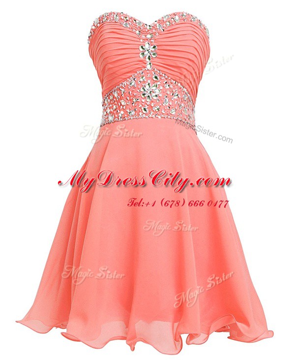 Fashion Mini Length Lace Up Homecoming Dress Watermelon Red for Prom and Party with Beading and Belt