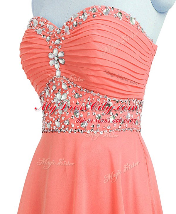 Fashion Mini Length Lace Up Homecoming Dress Watermelon Red for Prom and Party with Beading and Belt