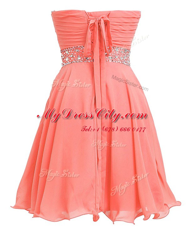 Fashion Mini Length Lace Up Homecoming Dress Watermelon Red for Prom and Party with Beading and Belt