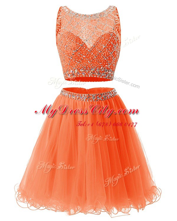 Scoop Beading and Belt Prom Gown Orange Backless Sleeveless Mini Length