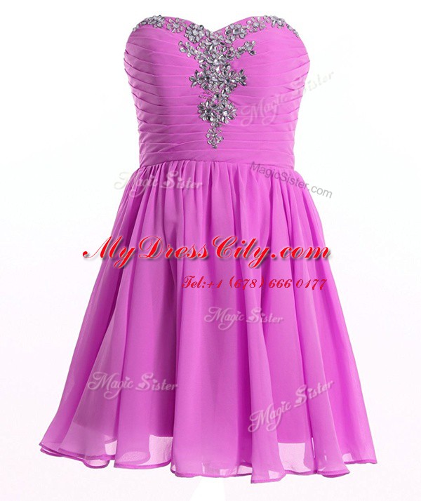 Lilac A-line Organza Sweetheart Sleeveless Beading and Ruching Mini Length Lace Up Cocktail Dresses