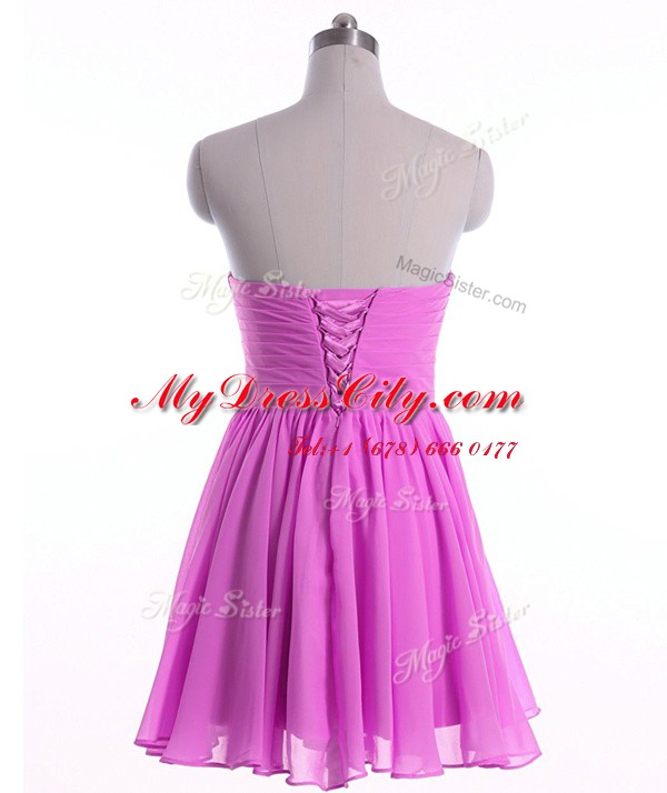 Lilac A-line Organza Sweetheart Sleeveless Beading and Ruching Mini Length Lace Up Cocktail Dresses