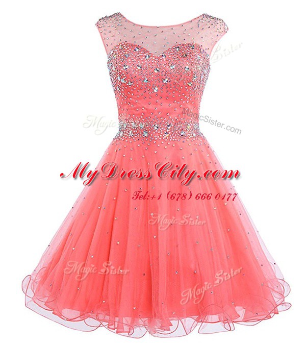 Elegant Watermelon Red Scoop Neckline Beading Prom Dresses Sleeveless Backless