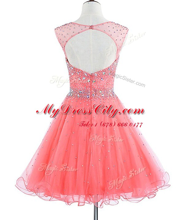 Elegant Watermelon Red Scoop Neckline Beading Prom Dresses Sleeveless Backless