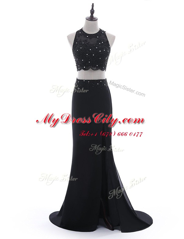 Pretty Scoop With Train Two Pieces Sleeveless Black Prom Gown Brush Train Side Zipper