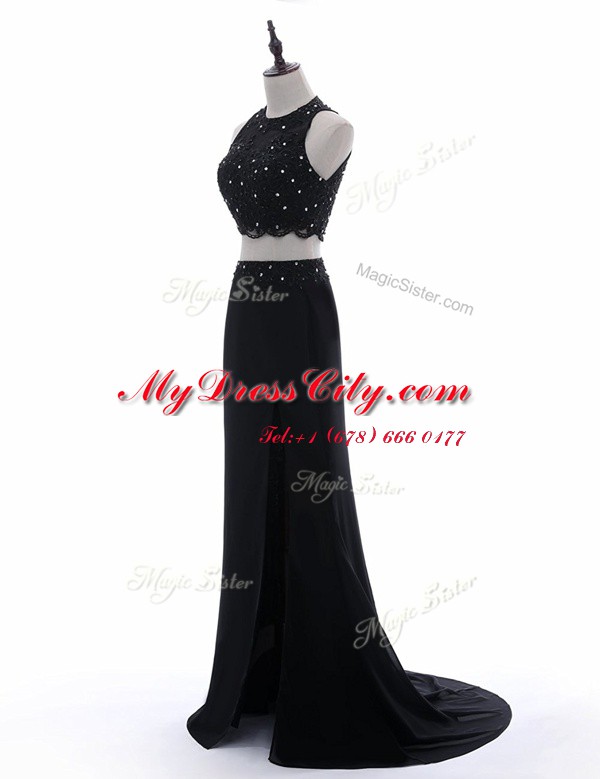 Pretty Scoop With Train Two Pieces Sleeveless Black Prom Gown Brush Train Side Zipper