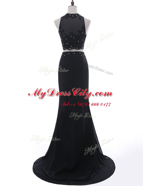 Pretty Scoop With Train Two Pieces Sleeveless Black Prom Gown Brush Train Side Zipper