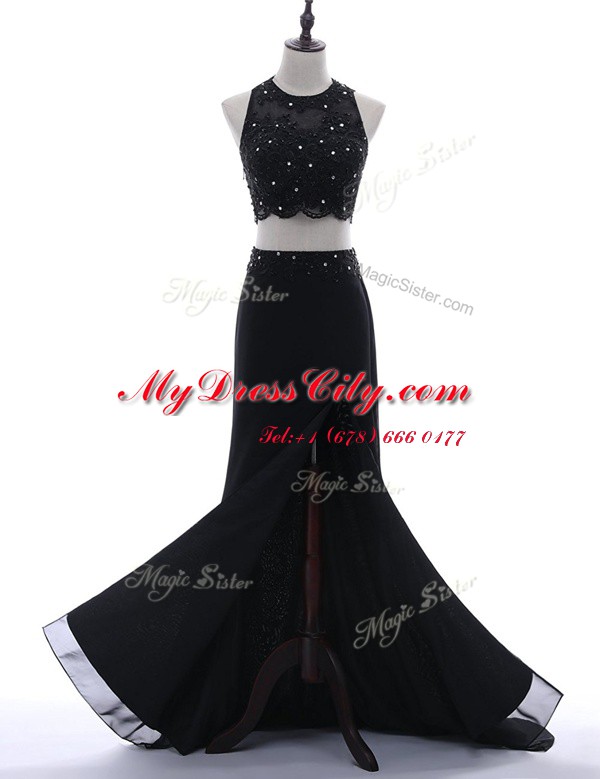 Pretty Scoop With Train Two Pieces Sleeveless Black Prom Gown Brush Train Side Zipper