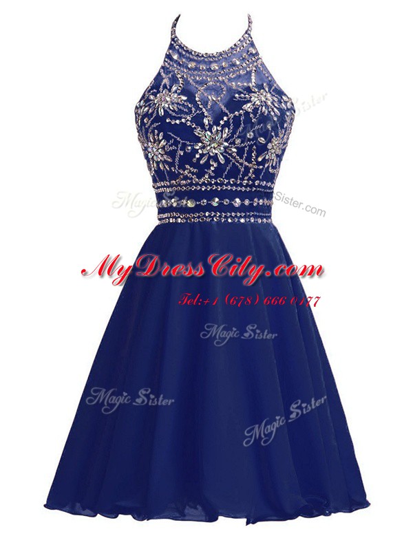 Hot Sale Navy Blue Zipper Halter Top Beading Party Dress Chiffon Sleeveless