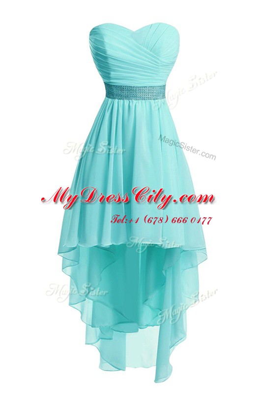 Sweetheart Sleeveless Red Carpet Gowns High Low Ruching and Belt Aqua Blue Organza