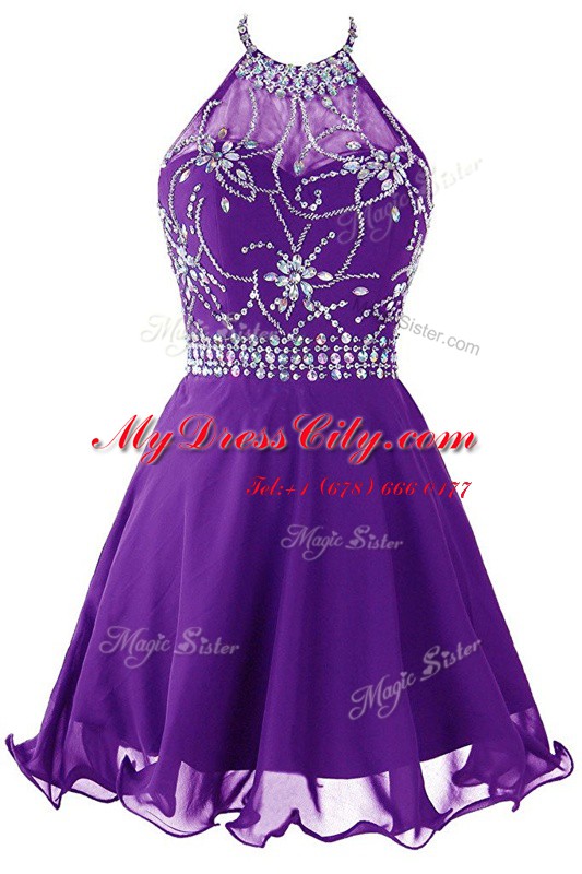 Halter Top Mini Length A-line Sleeveless Purple Prom Dresses Zipper