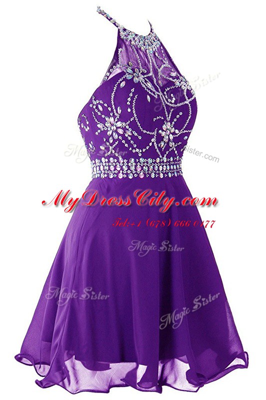 Halter Top Mini Length A-line Sleeveless Purple Prom Dresses Zipper