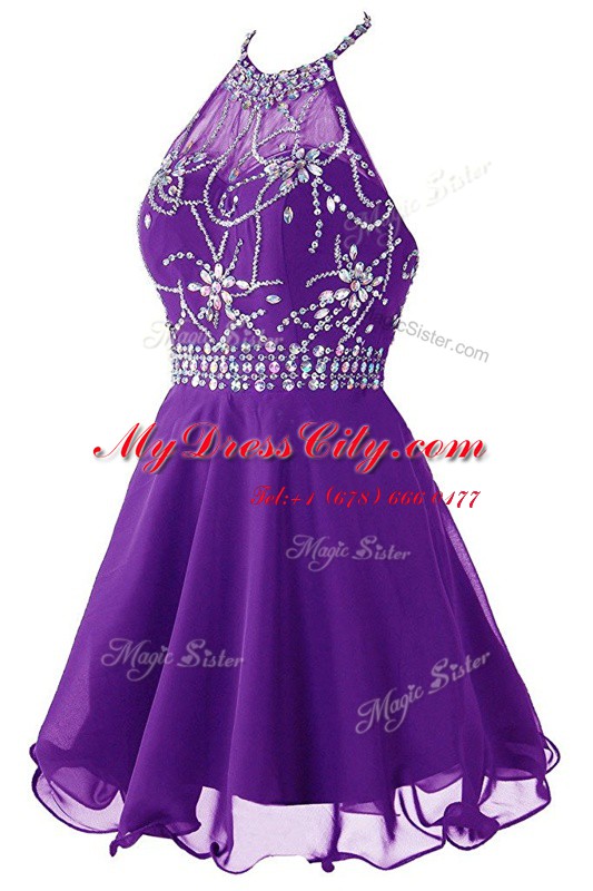 Halter Top Mini Length A-line Sleeveless Purple Prom Dresses Zipper