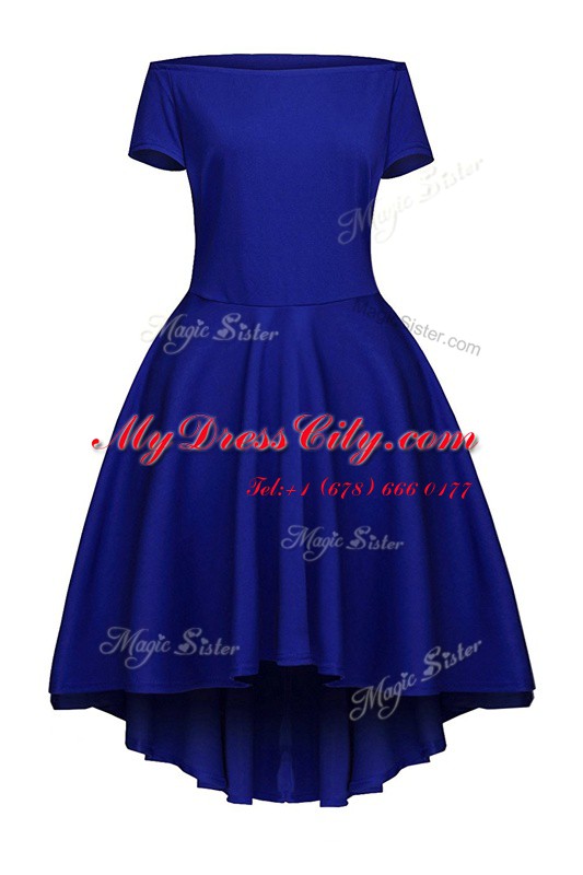 Elegant Blue A-line Bateau Short Sleeves Satin Tea Length Side Zipper Ruching Prom Gown