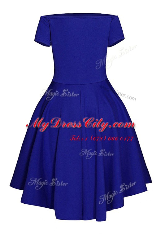 Elegant Blue A-line Bateau Short Sleeves Satin Tea Length Side Zipper Ruching Prom Gown