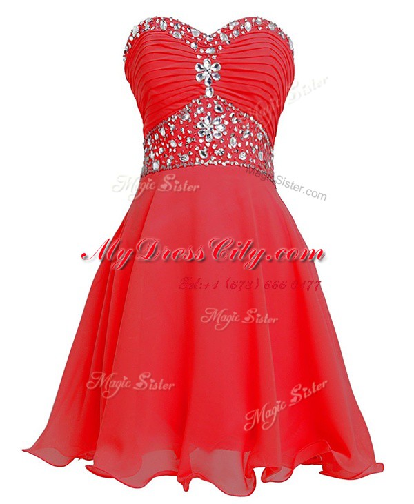 Elegant Sleeveless Mini Length Beading and Belt Lace Up Prom Evening Gown with Red