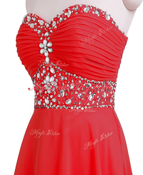 Elegant Sleeveless Mini Length Beading and Belt Lace Up Prom Evening Gown with Red