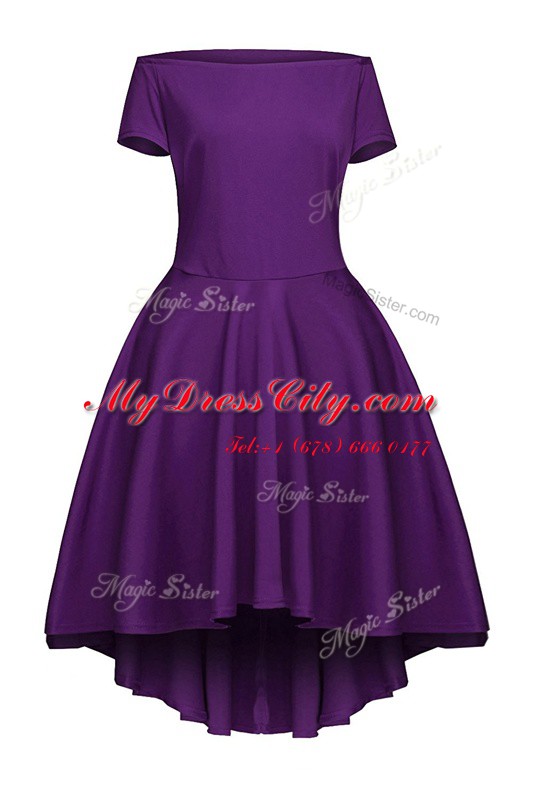 Modern Purple Short Sleeves Tea Length Ruching Side Zipper Homecoming Dress