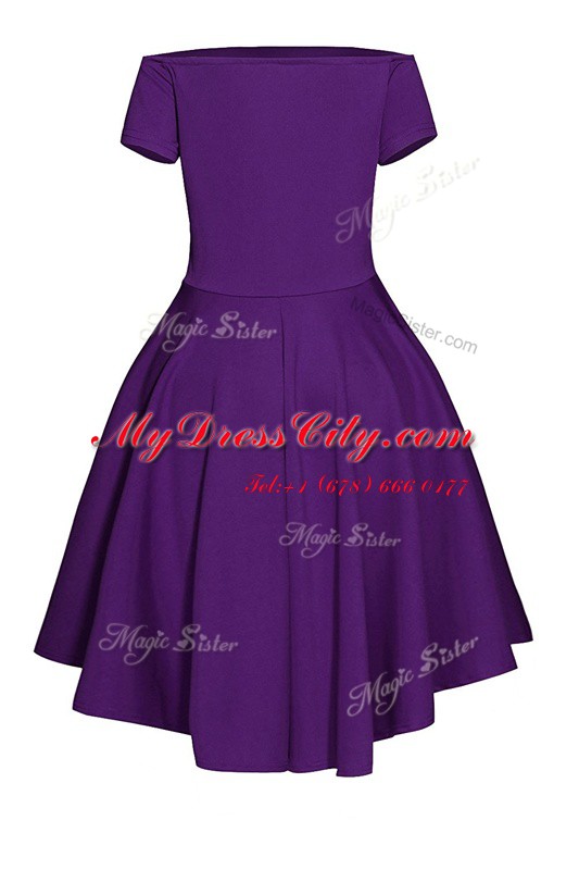 Modern Purple Short Sleeves Tea Length Ruching Side Zipper Homecoming Dress