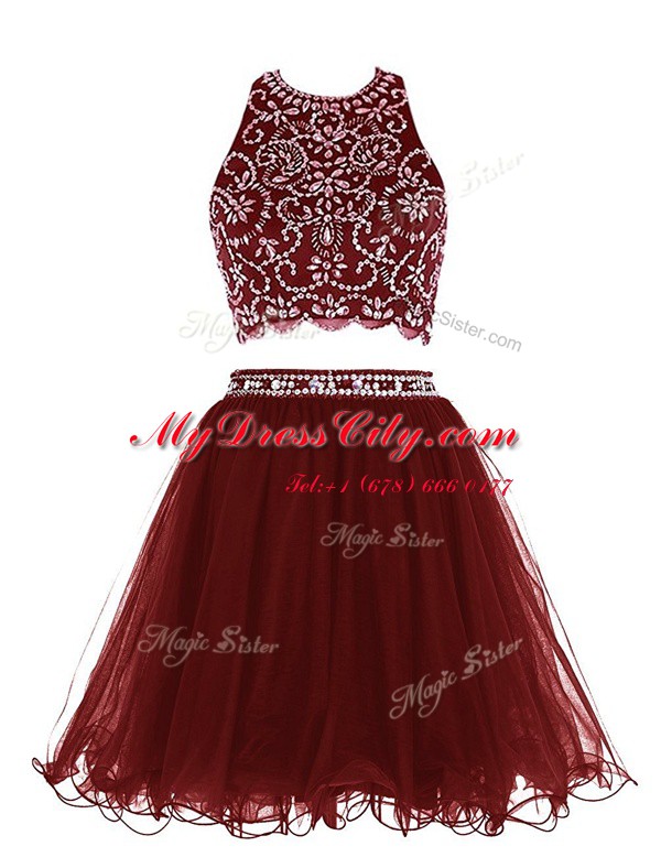 Captivating Scoop Mini Length Clasp Handle Prom Gown Burgundy for Prom and Party with Beading