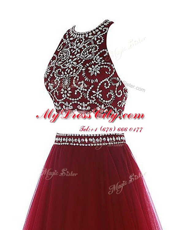 Captivating Scoop Mini Length Clasp Handle Prom Gown Burgundy for Prom and Party with Beading