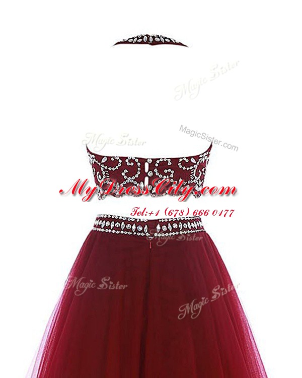 Captivating Scoop Mini Length Clasp Handle Prom Gown Burgundy for Prom and Party with Beading