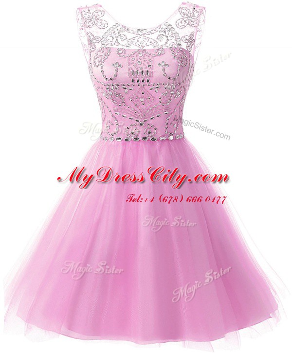 Lilac Chiffon Zipper Scoop Sleeveless Knee Length Prom Gown Beading