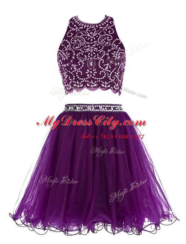 Dazzling Scoop Purple Empire Beading Clasp Handle Chiffon Sleeveless Mini Length