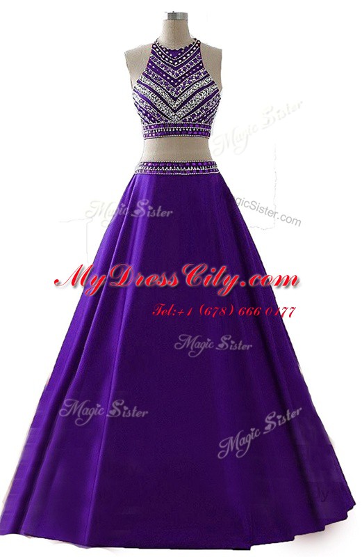 Sexy Scoop Purple Sleeveless Beading Floor Length Evening Dress