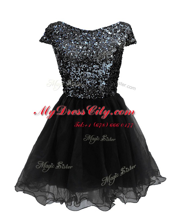 Fitting Mini Length Black Dress for Prom Chiffon Cap Sleeves Sequins