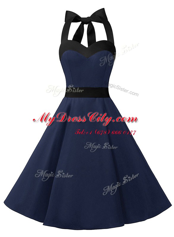 Halter Top Navy Blue Sleeveless Sashes ribbons Knee Length Prom Dress