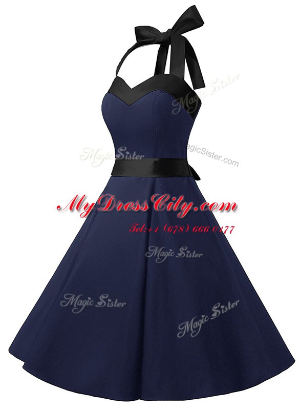 Halter Top Navy Blue Sleeveless Sashes ribbons Knee Length Prom Dress