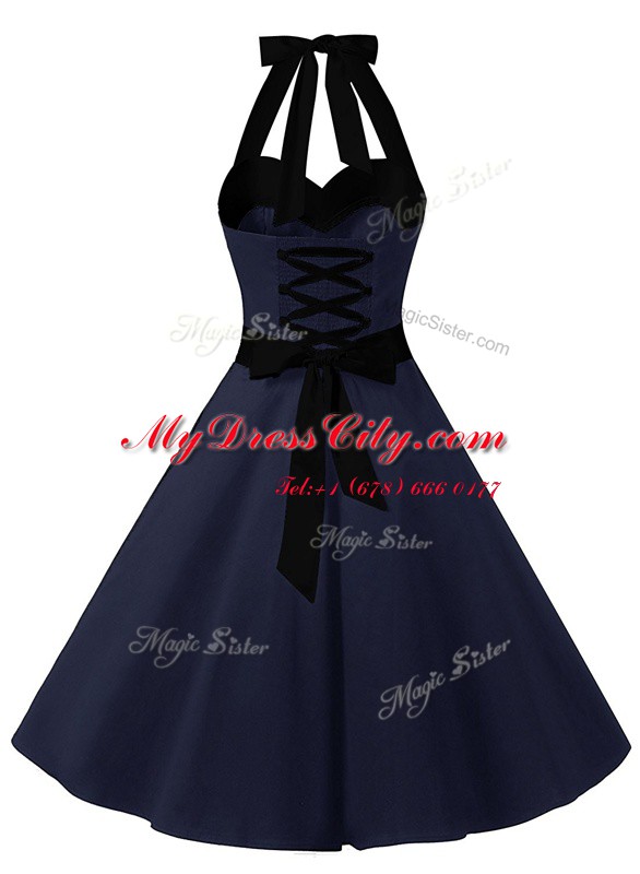 Halter Top Navy Blue Sleeveless Sashes ribbons Knee Length Prom Dress