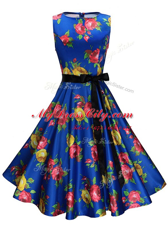 Elegant Scoop Knee Length Zipper Evening Dress Multi-color for Prom and Party with Sashes ribbons and Pattern