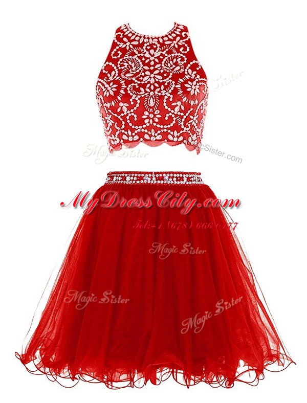 Graceful Scoop Red Sleeveless Beading Mini Length Prom Party Dress