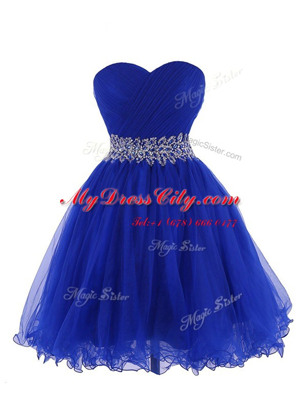 High End Sweetheart Sleeveless Prom Gown Mini Length Belt Royal Blue Organza