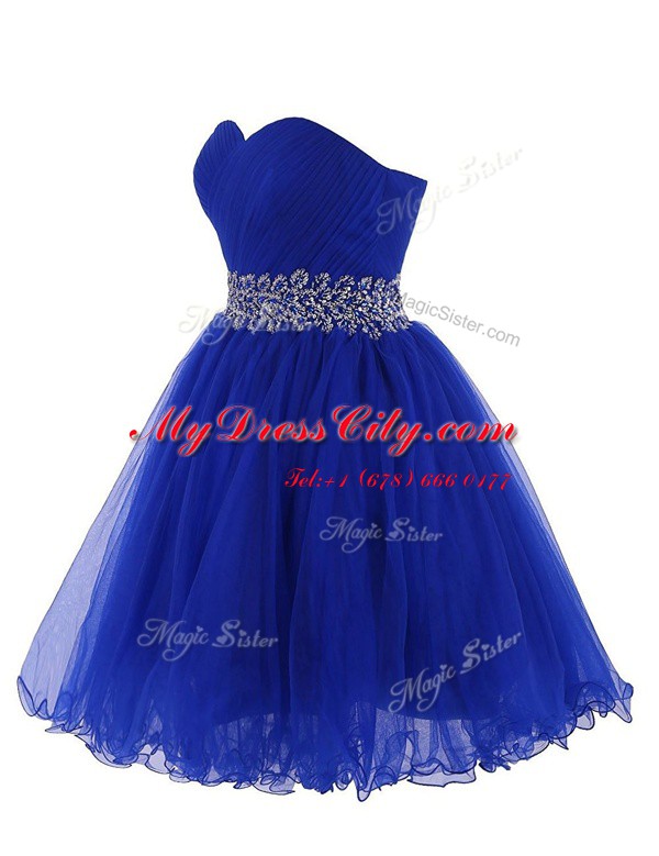 High End Sweetheart Sleeveless Prom Gown Mini Length Belt Royal Blue Organza