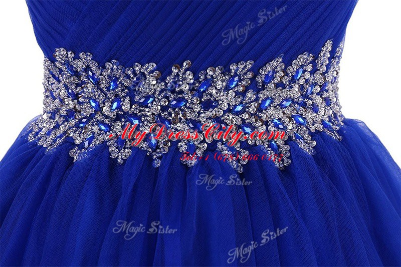 High End Sweetheart Sleeveless Prom Gown Mini Length Belt Royal Blue Organza