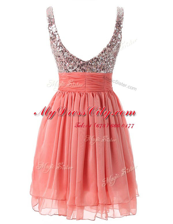 Dramatic Watermelon Red Column/Sheath Straps Sleeveless Chiffon Knee Length Zipper Beading