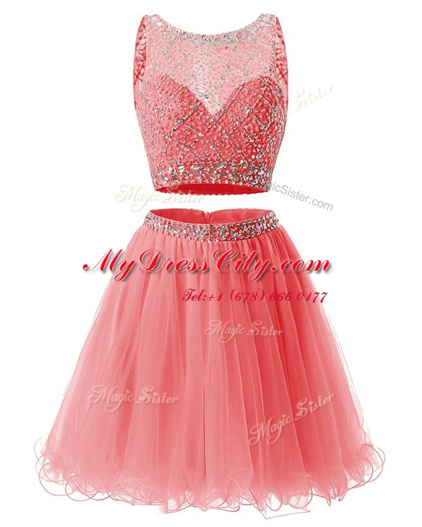 Trendy Watermelon Red Sleeveless Organza Side Zipper Cocktail Dresses for Prom and Party