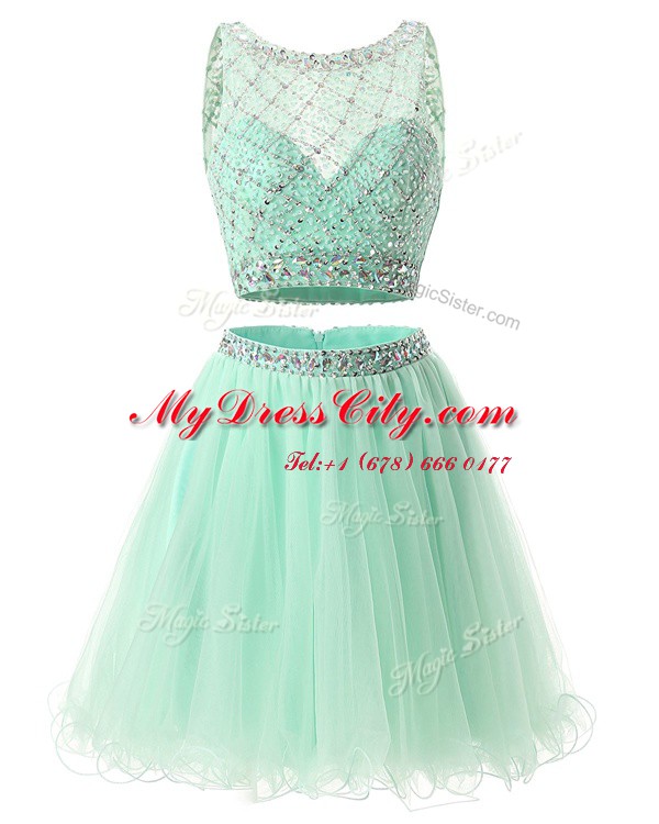 Noble Green Sleeveless Beading and Belt Mini Length Prom Evening Gown