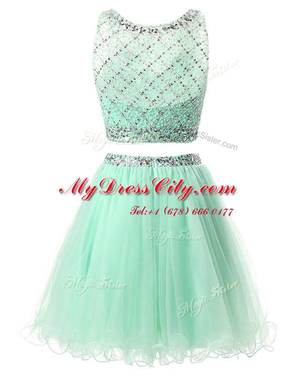 Noble Green Sleeveless Beading and Belt Mini Length Prom Evening Gown