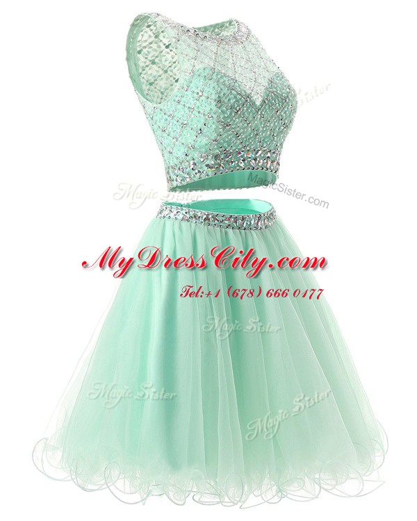 Noble Green Sleeveless Beading and Belt Mini Length Prom Evening Gown