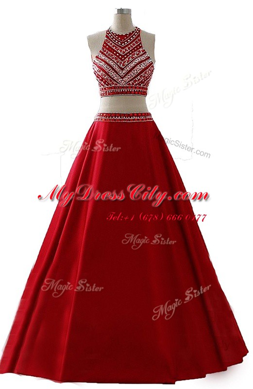 Custom Fit Scoop Sleeveless Prom Party Dress Floor Length Beading Wine Red Chiffon