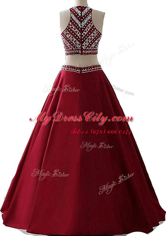 Custom Fit Scoop Sleeveless Prom Party Dress Floor Length Beading Wine Red Chiffon