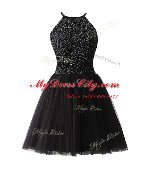 Traditional Scoop Knee Length A-line Sleeveless Black Dress for Prom Zipper