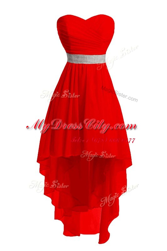 Sleeveless High Low Belt Lace Up Prom Dresses with Red