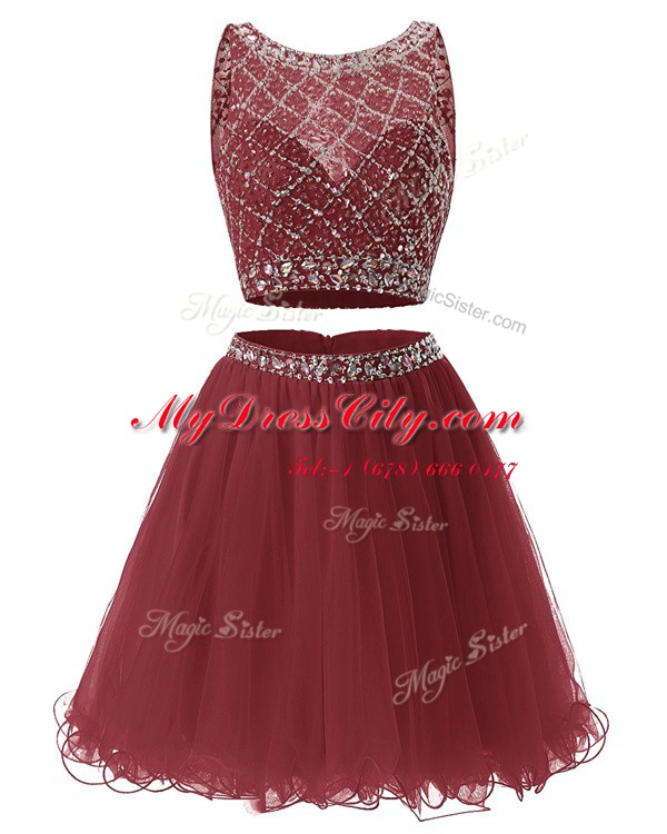 Sleeveless Mini Length Beading and Belt Side Zipper with Burgundy