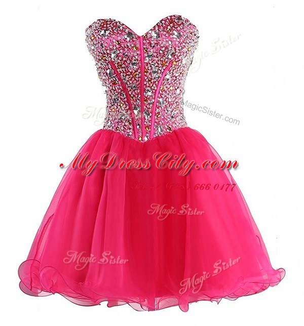 Hot Pink Organza Lace Up Sweetheart Sleeveless Mini Length Prom Dress Beading